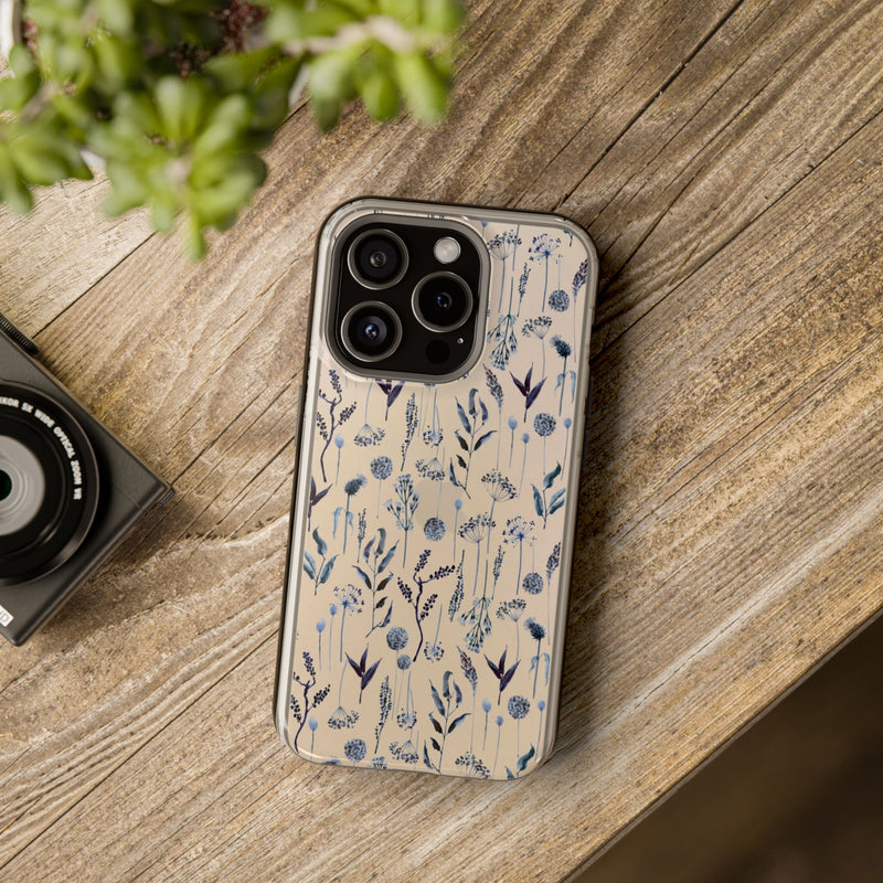 Navy Boho Wild Flower Clear Phone Case For iPhone 16 15 14 Plus 13 Pro Max 12 Mini XR 7 8 SE Galaxy S25 S23 Aesthetic Design MagSafe