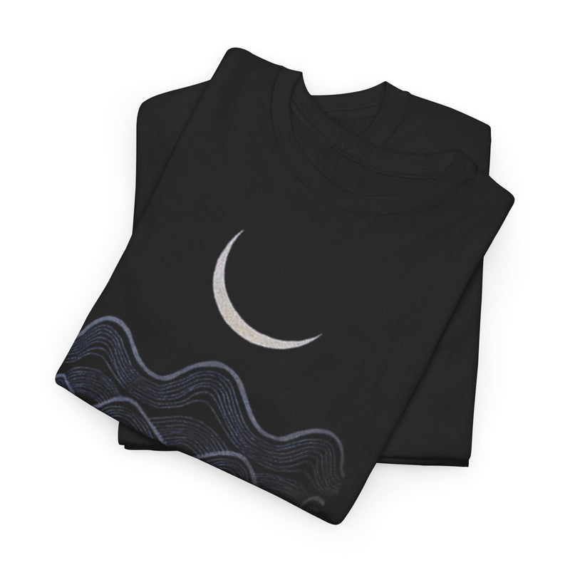 Full Fathoms Nautical Ocean Waves Gold Crescent Moon Hand Printed T-Shirt, Hand Screenprinted Men’s Graphic Tee