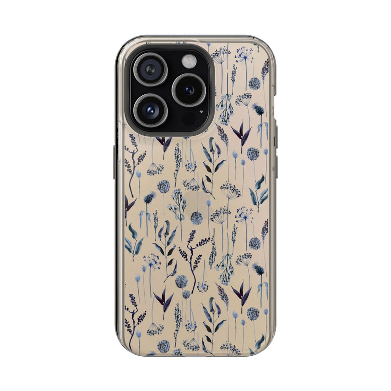 Navy Boho Wild Flower Clear Phone Case For iPhone 16 15 14 Plus 13 Pro Max 12 Mini XR 7 8 SE Galaxy S25 S23 Aesthetic Design MagSafe