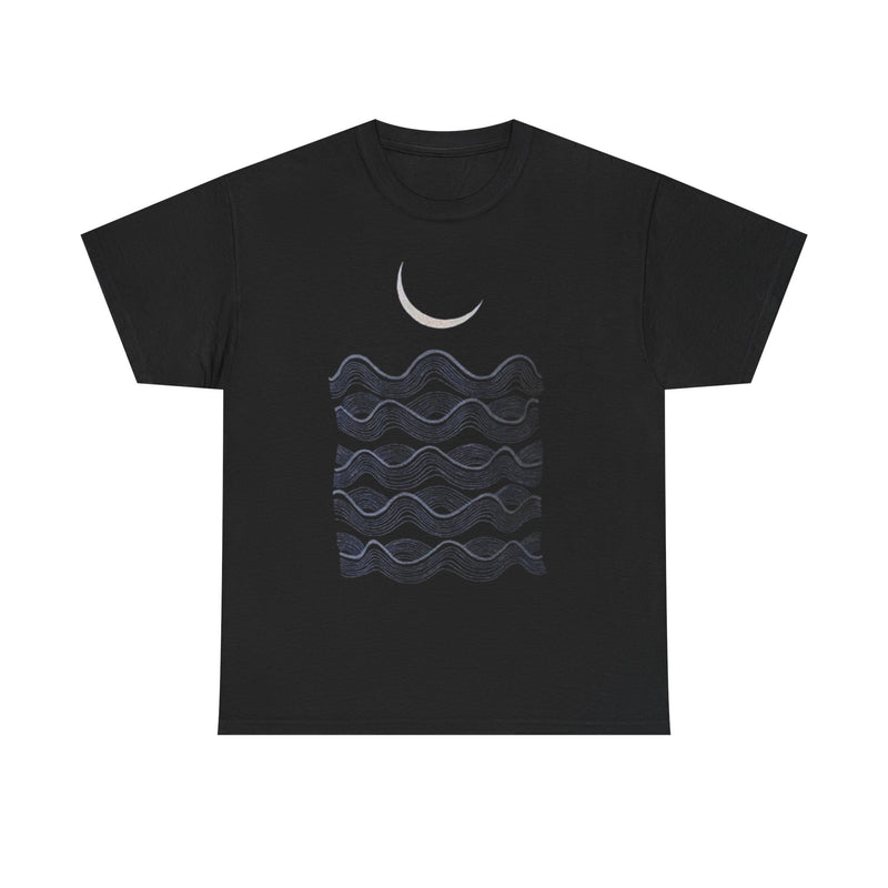 Full Fathoms Nautical Ocean Waves Gold Crescent Moon Hand Printed T-Shirt, Hand Screenprinted Men’s Graphic Tee