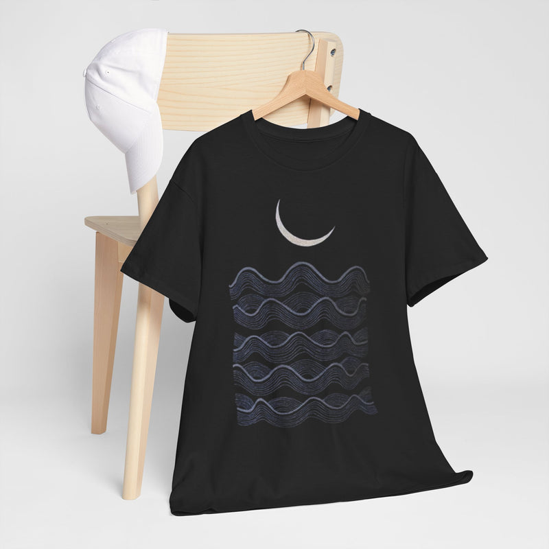 Full Fathoms Nautical Ocean Waves Gold Crescent Moon Hand Printed T-Shirt, Hand Screenprinted Men’s Graphic Tee