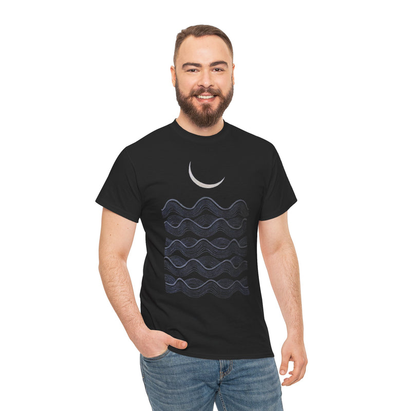 Full Fathoms Nautical Ocean Waves Gold Crescent Moon Hand Printed T-Shirt, Hand Screenprinted Men’s Graphic Tee